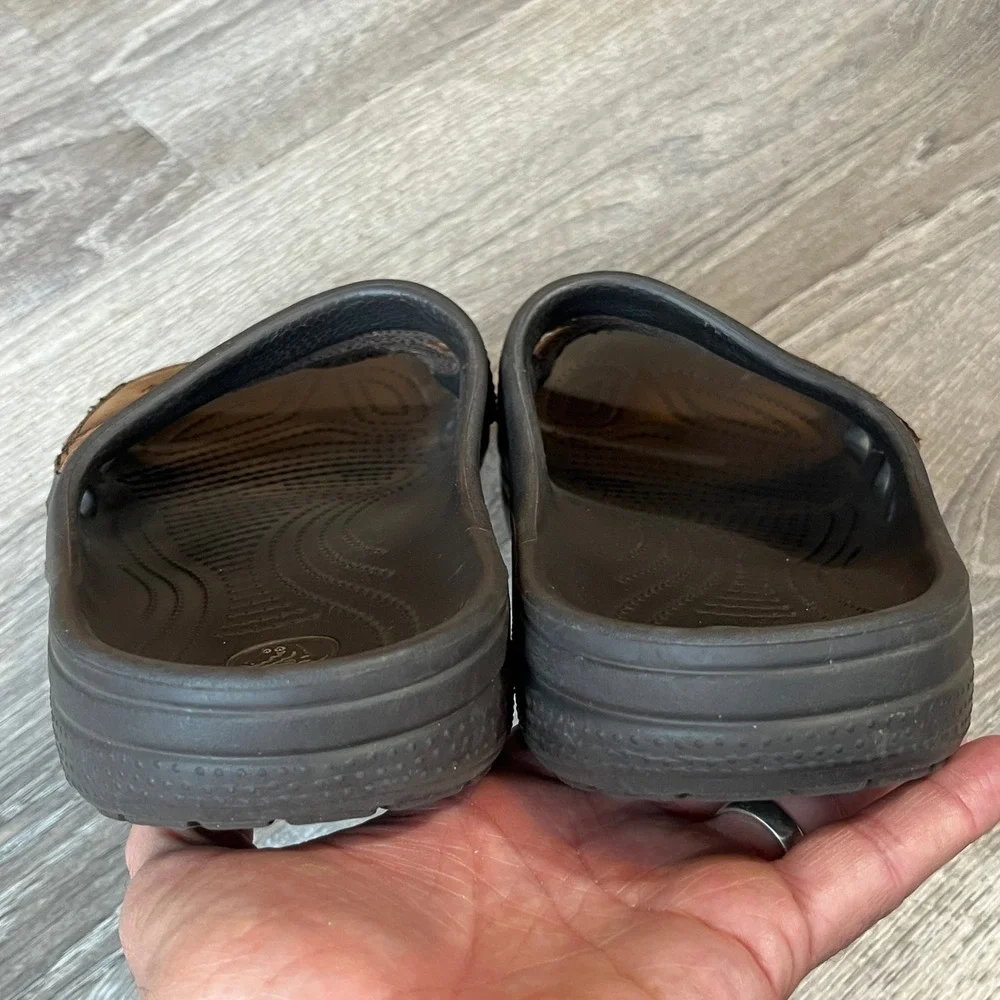 Crocs Yukon Slide Sandals Mens 13 Brown Leather Espresso Croslite Slip On Shoes